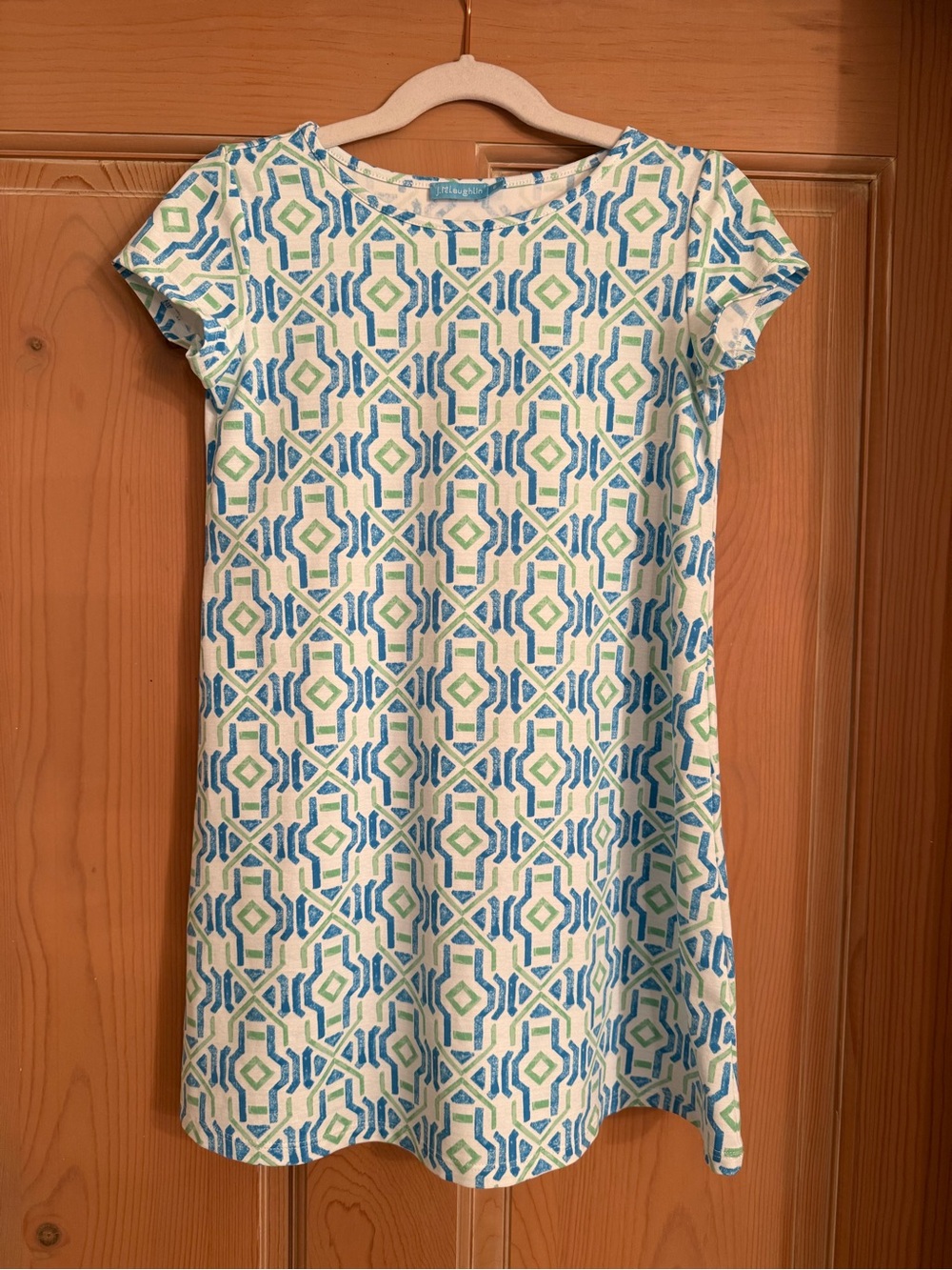 Geometric Tee Dress in Blue & Green Catalina Cloth soft fabric